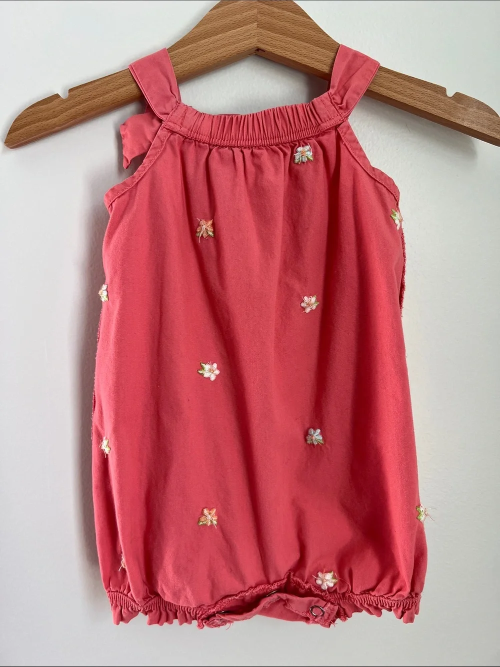 Gymboree | 100% Cotton Coral Baby Bubble Romper Bow Floral Embroidery Size 0-3M